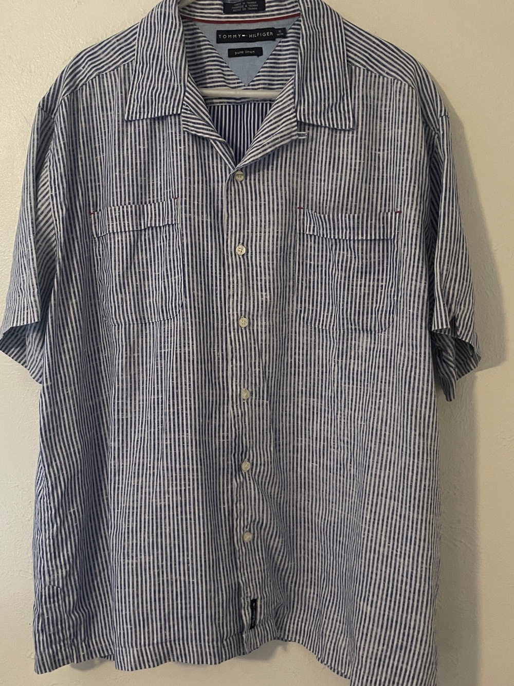 Tommy Hilfiger Vintage Pure Linen Blue White Stripe Shirt Short Sleeve XL